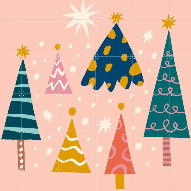 IXXI Happy Trees, Treechild & Various - 120 x 120 cm - Grote wanddecoratie en posters - Illustraties, Speels, Geometrische Kunst, Abstract Roze