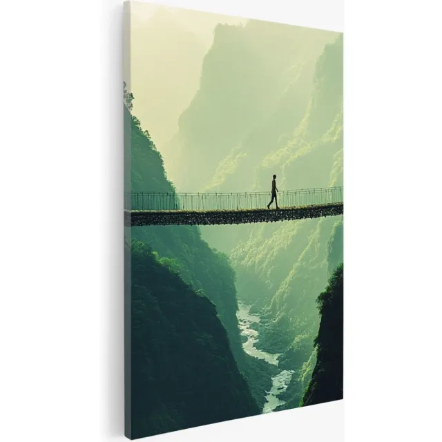 Saammp Canvas Schilderij - Touwbrug met persoon - Landschap - Natuur - 30x40 - Foto op canvas - Wanddecoratie - Muurdecoratie Woonkamer - Slaapkamer decoratie - Canvas Print Multicolor
