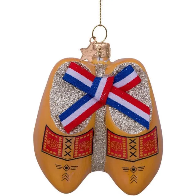 Vondels kerstornament glas traditionele klompen met Nederlandse strik H3.5cm Geel