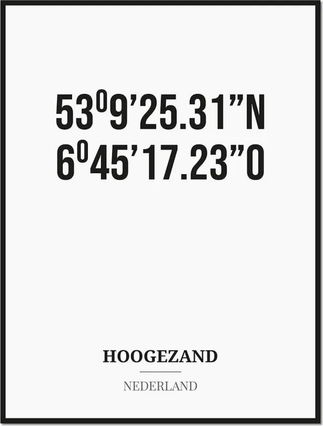 Studio216 Poster/kaart HOOGEZAND met coördinaten zwart, wit