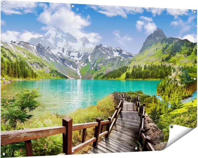 Gards Tuinposter Pad naar een Helder Blauw Meer in de Bergen - 150x100 cm - Tuindoek - Tuindecoratie - Wanddecoratie buiten - Tuinschilderij Multikleur