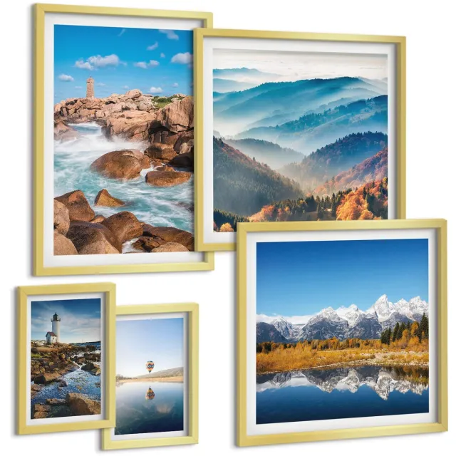TULUP 5-Delige Schilderij Set - Natuurlijke landschappen, bergen, zee en vuurtorens - 50 x 50 cm, 20 x 30 cm en 40 x 60 cm - Wanddecoratie - Muurdecoratie - Woonkamer - Decoratieve Schilderijen Gouden lijst