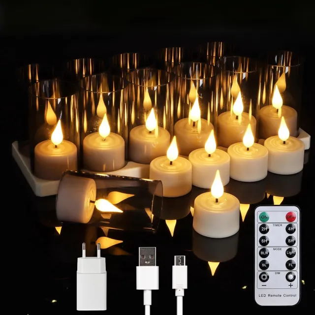 QEVA Theelichtjes Oplaadbaar - LED Theelichtjes - Oplaadbare Kaarsen - Wit - 38cm x 38cm x 42cm Warm wit
