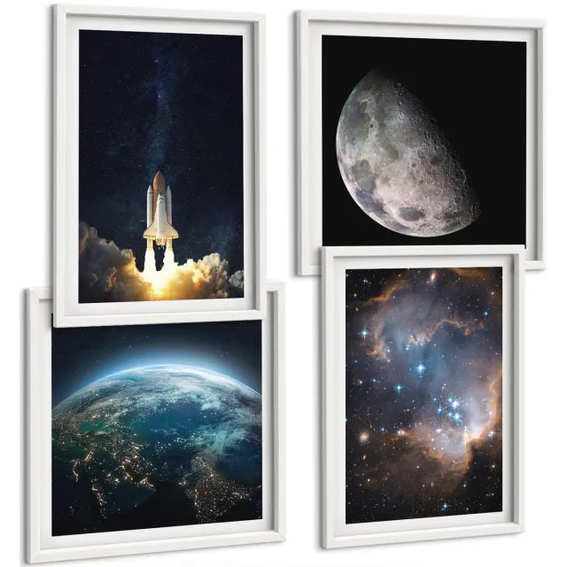 Coloray 4-Delige Schilderij Set - Ruimte Aarde Raket Melkweg Hemel Sterren - 40 x 40 En 40 x 60 - Wanddecoratie - Woonkamer Decoratie - Interieur Decoratie Witte lijst
