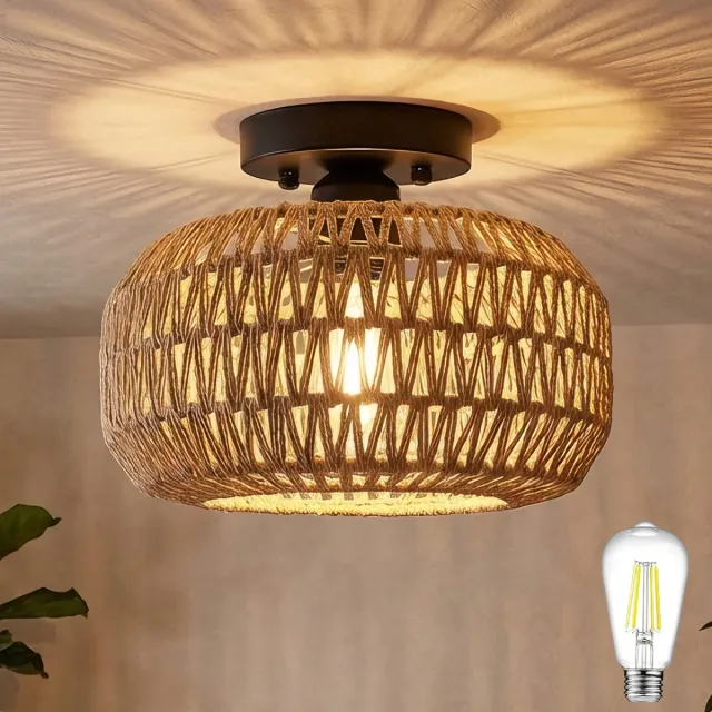 MUPOO Bamboe Plafondlamp - Ø 28 cm - Plafondlampe in Wonen - Rotan Plafonnière - Lampe de plafond met één LED-lamp - Warm wit - voor Hal - Slaapkamer - Entree - Woonkamer goud