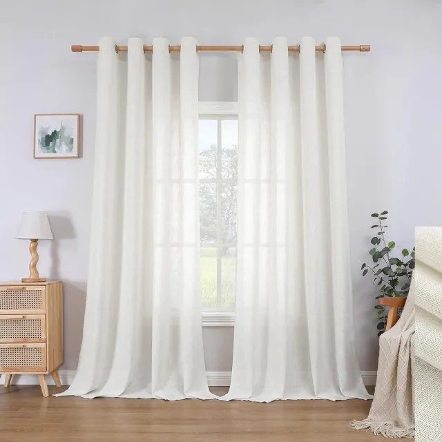 Ibenzoa Lichtbeige Linnenlook Gordijnen met Oogjes, Set van 2, H 225 x B 140 cm, Half-Transparant