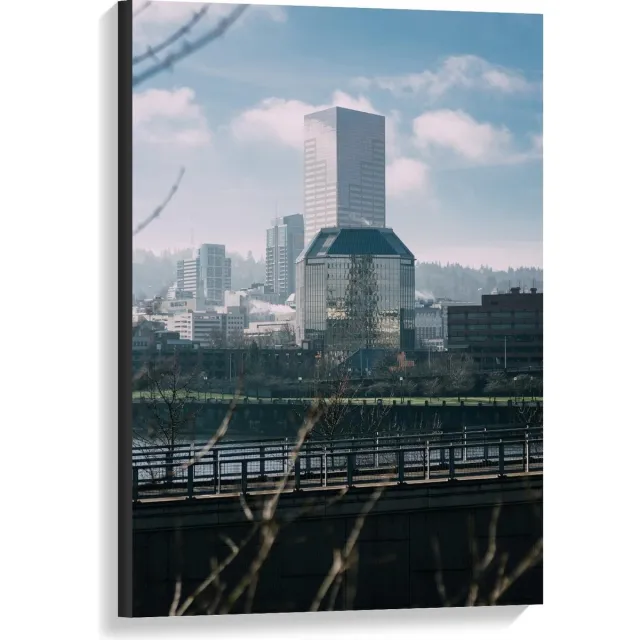 KuijsFotoprint Canvas - Grote Gebouwen in de Verte - 60x90cm Foto op Canvas Schilderij (Wanddecoratie op Canvas) Blauw