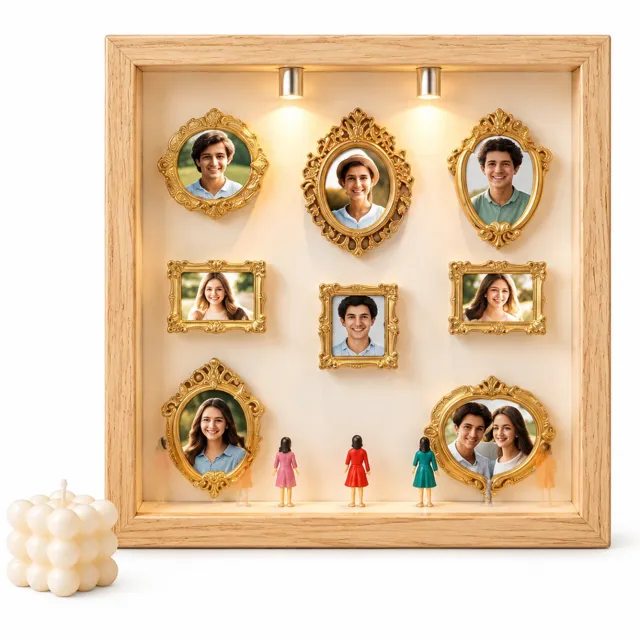 SWGOTA Vierkante MDF blindbox displaylijst in houtkleur met 8 minilijsten 8 willekeurige figuren en 2 lampjes voor op tafel