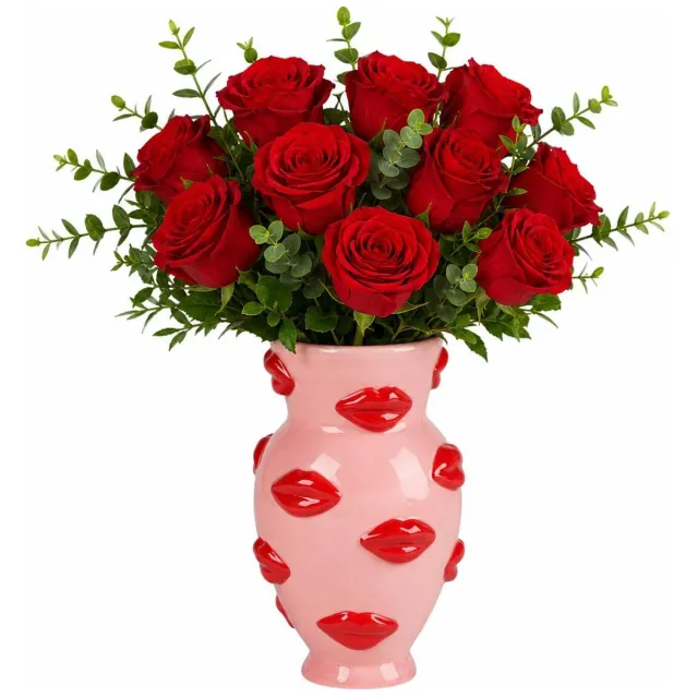 Urban Living vaas Lips - D8 x H17 cm - Keramiek - roze / rood - lippen bloemenvaas Lichtroze