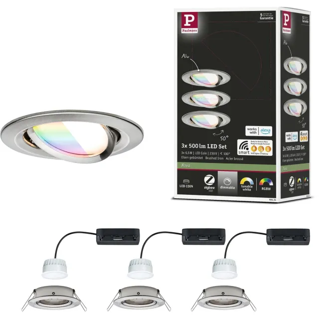 Paulmann LED-inbouwlamp Nova Coin rond 84 mm 50° RGBW+ 3x6W 3x500lm 230V Staal geborsteld Aluminium