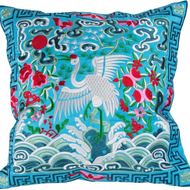 Fine Asianliving Kussenhoes Volledig Geborduurd Blauw Kraanvogel 45x45cm Zonder Vulling