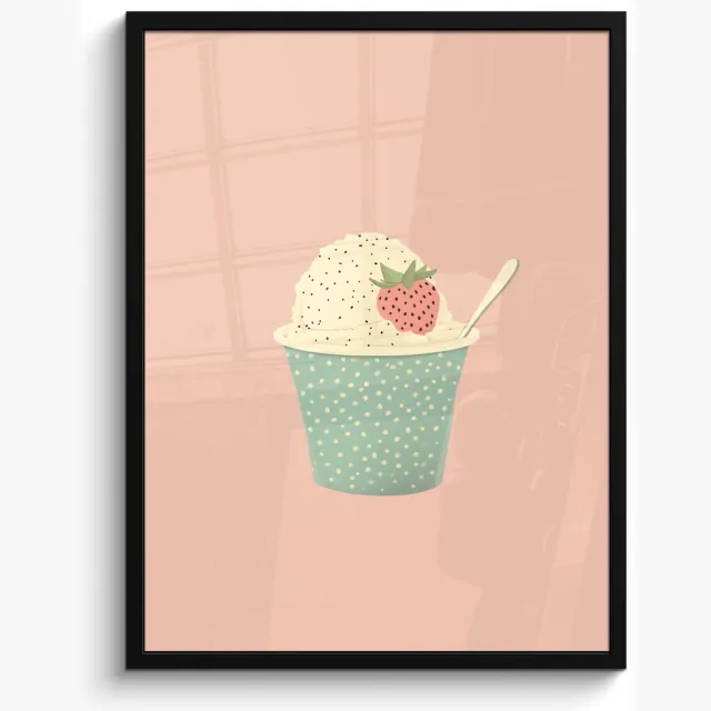 FrameYourWall Poster in lijst - Fotolijst 50x70 cm - Posters - Bakje - Ijs - Aardbei - Roze - Posterlijst zwart - Decoratie - Wanddecoratie woonkamer - Muurdecoratie slaapkamer