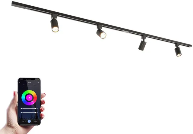HOFTRONIC railverlichting pakket recht – 2x 1 meter rail – 4x RGBWW GU10 dimbare railspots – aluminium zwart – IP20 – modulair – 230V – smart track lights woonkamer keuken