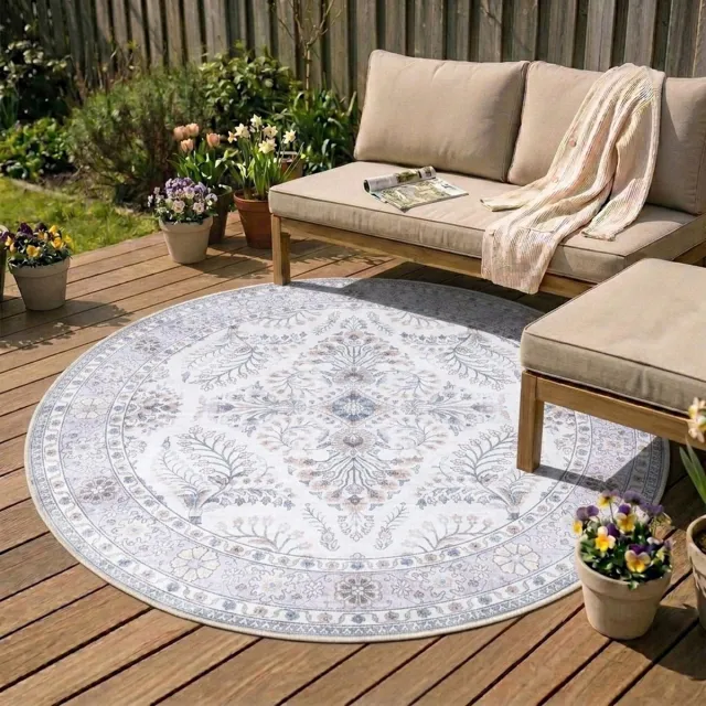 Fraai Rond vintage buitenkleed - Santo Flora Wit - Ø100cm