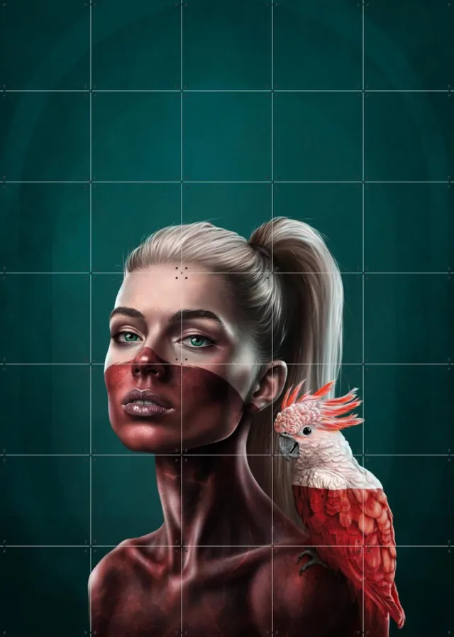 IXXI Painted In Feathers, Erik Andreas - 100 x 140 cm - Grote wanddecoratie en posters - Surrealisme, Speels, Abstract, Fantasierijk, Illustraties Groen / Rood