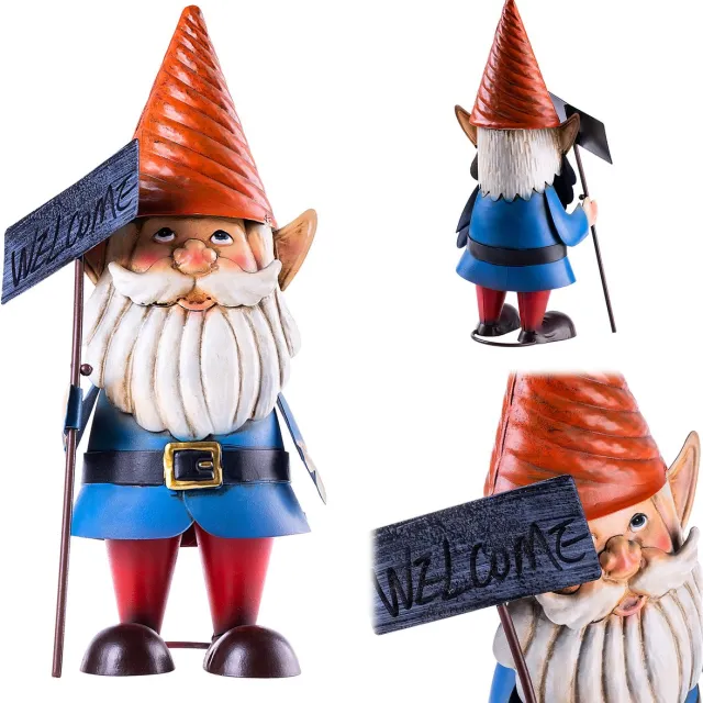 KADAX tuinkabouters 33 cm met welkomstbordje, tuinbeeldje van gepoedercoat staal, metalen tuinkabouters, decoratief beeldje voor buiten, tuinversiering Blauw