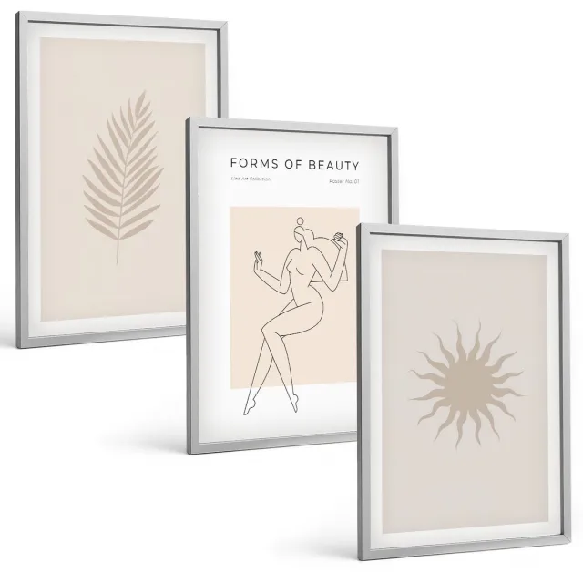 TULUP 4-Delige Schilderij Set - Een verzameling minimalistische vormen en natuurlijke figuren - 40 x 60 cm - Stijlvolle Muurdecoratie - Slaapkamer - Interieur Decoratie Zilveren lijst