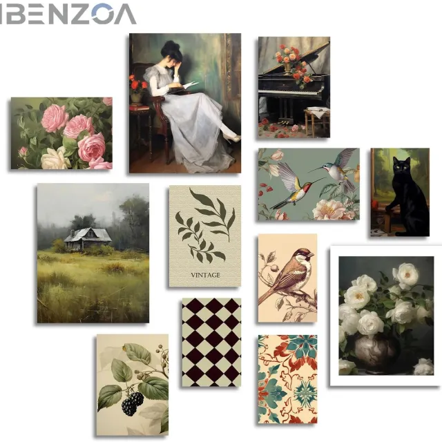 Ibenzoa Rustieke Wanddecoratie - Vintage Bloemen en Vogels - Set van 12 - Zonder Frame Multicolor