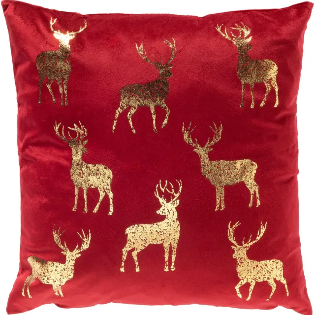 Textino NORDIC-REINDEER - kussenhoes 45x45 cm - fluweel - rendieren - Scooter - rood, goud