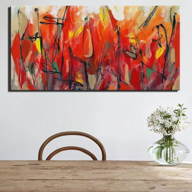 Allernieuwste Canvas Schilderij Moderne Abstracte Bloemen in Rood - Modern - Reproductie - Natuur - 60 x 120 cm - Kleur Multicolor