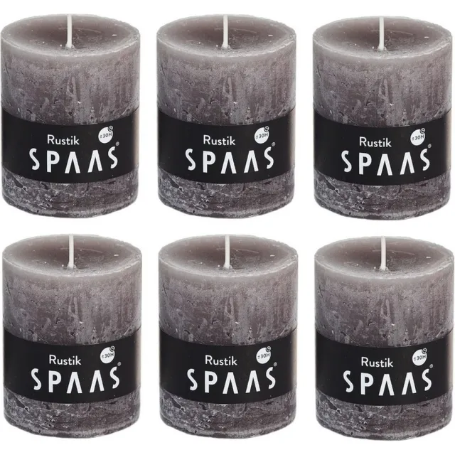 Spaas 6x Taupe rustieke cilinderkaarsen/stompkaarsen 7 x 8 cm 30 branduren - Geurloze kaarsen - Woondecoraties