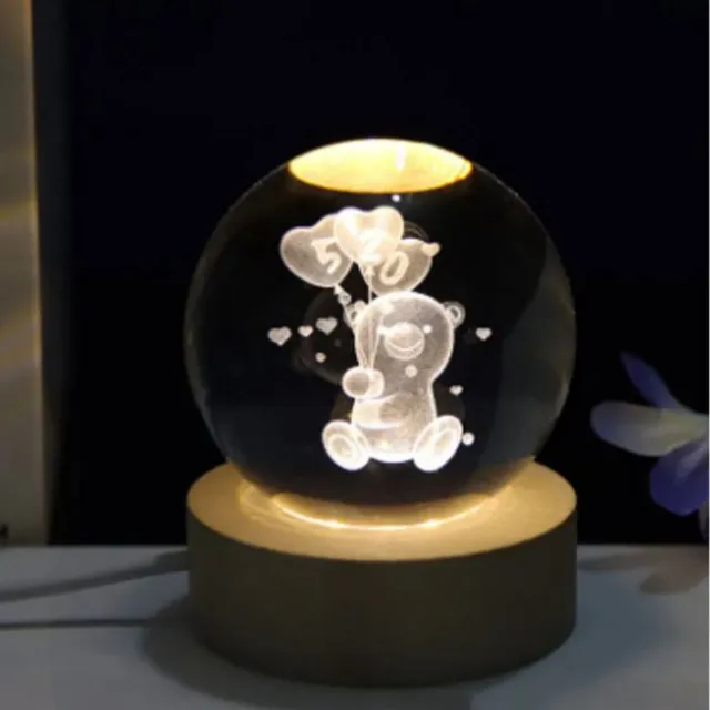 Mazaico 3D Kristallen Bol Nachtlampje - Schattige Beer met een Hartballon - Teddybeer Design Nachtlampje - LED Glazen Hologram Lamp met Massief Houten Basis - Nachtlampje - Cadeau Idee - Verlichting - USB Aansluiting transparant-beer