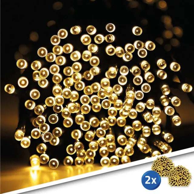 RexTech Solar lichtsnoer buiten 'Holly' - Kerst lichtslinger met 200 leds - Voordeelset van 2 stuks - Warm wit - Kerstverlichting - Feestverlichting - Tuinverlichting op zonne-energie