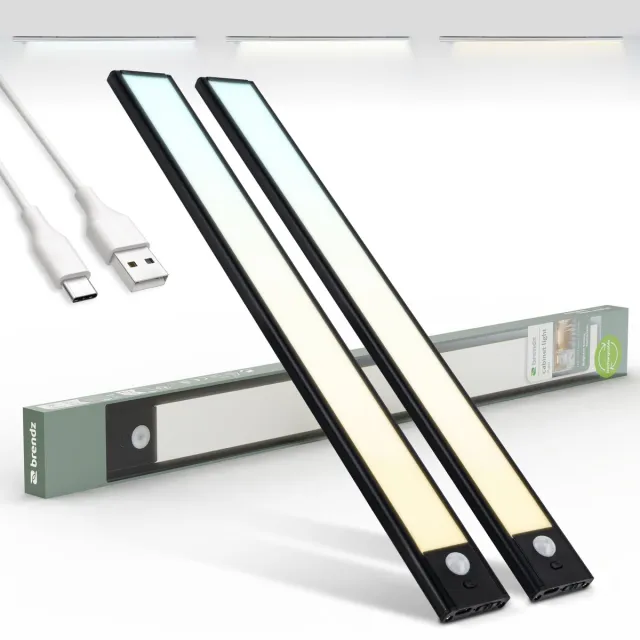 Brendz LED Kastverlichting met bewegingssensor, 2 x 40 cm, USB-C Oplaadbaar, Dimbaar, Magnetisch, 3 Kleurtemperaturen, Draadloos, Kastverlichting op Batterij, Zwart Zwart - 40 cm