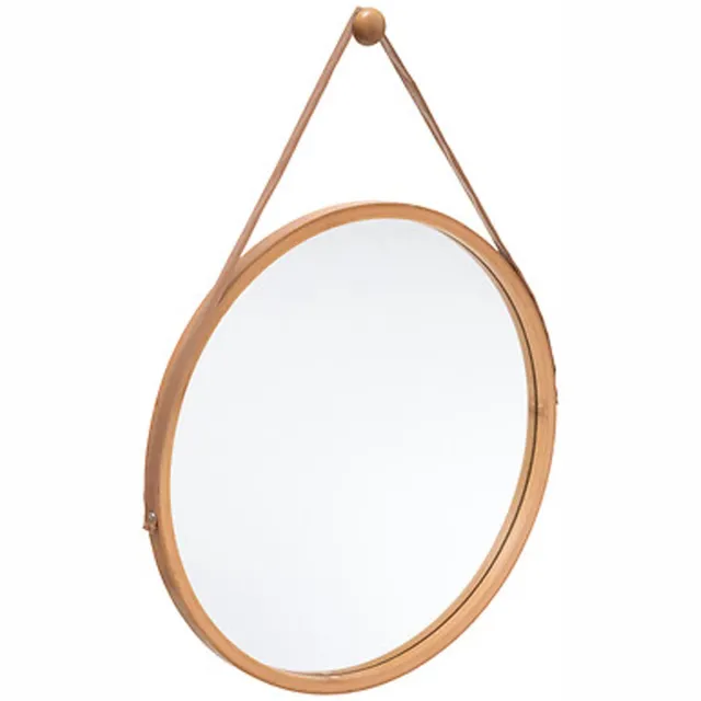 5Five® 5five Wandspiegel met ophanghaak - rond - bamboo - leer - D38 cm Lichtbruin
