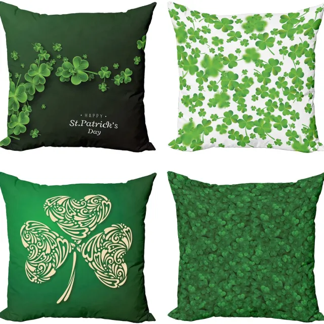 ABAKUHAUS St. Patrick Tag Sierkussen Kussenhoes 4 er Set, Bladeren van Clovers, Modern Accent Dubbelzijdige Digitale Print, 40 x 40 cm, Donkergroen Groen Wit