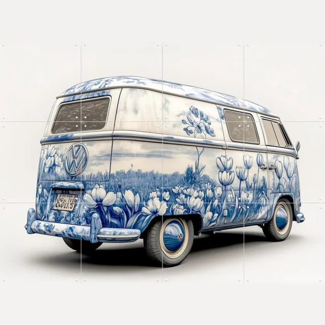 IXXI Delfts Blauwe VW Bus 4, Margriet Hulsker - 80 x 60 cm - Grote wanddecoratie en posters - Vintage, Illustraties, Woonkamer, Studeerkamer, Bloemen