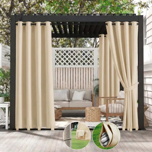 Qelus Buitengordijn Winddicht & Waterdicht - Outdoor Gordijn met Oogjes (Boven) en Anti-wind Lussen (Onder) - Weerbestendig voor Pergola - 132x213cm - Beige - 1 Stuk