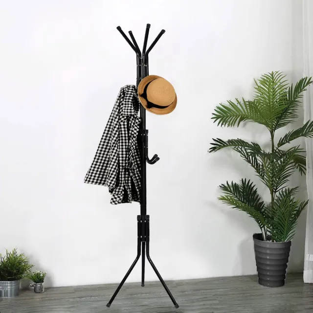 springos Staande Kapstok | Metaal | 12 Haken | Garderobe Kapstok | Zwart | 177 cm