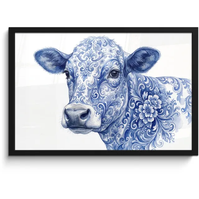 FrameYourWall Poster in lijst - Fotolijst 60x40 cm - Posters - Illustratie - Koe - Blauw - Posterlijst zwart - Decoratie - Wanddecoratie woonkamer - Muurdecoratie slaapkamer