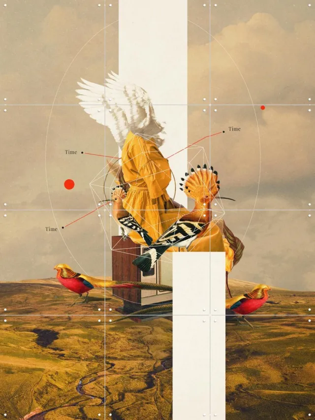 IXXI Yellow Echoes of Time, Frank Moth - 60 x 80 cm - Grote wanddecoratie en posters - Surrealisme, Digitale Kunst, Vintage, Collage, Woonkamer Geel / Warme kleuren