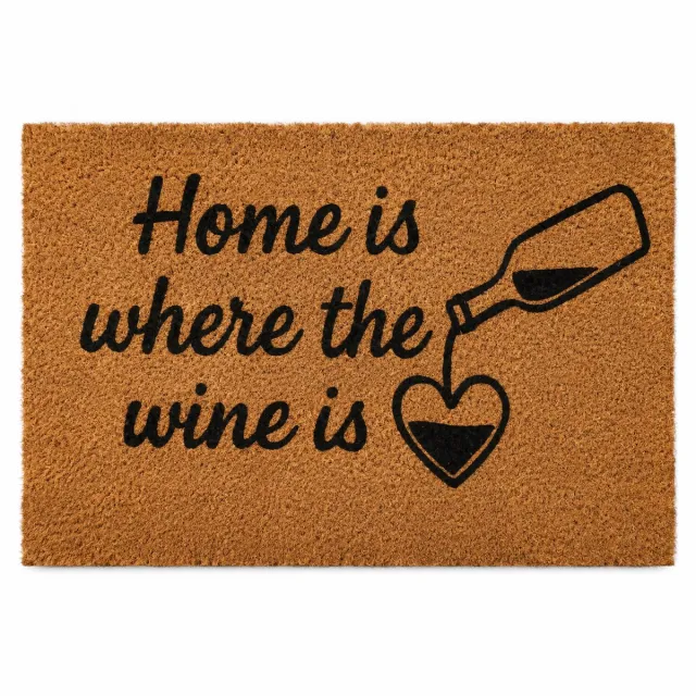 HEM Deurmat Home Is Where The Wine Is – Kokosmat 59x39 cm – Antislip PVC Onderzijde – Wijn Thema – Entree Mat – Inclusief HEM Microvezeldoekje Bruin