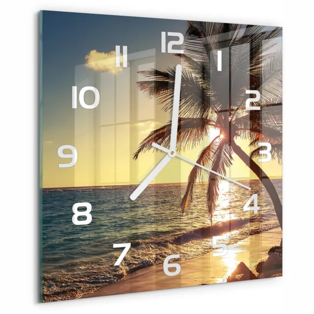 TULUP Wandklok - Tropisch strand Glazen Klok Met Print - 30x30 cm - Geel Wandklok Glas Met Motief - Witte handen - Vierkante Klok - Wandklok Glas Decoratie - Gekleurde Glazen Klok