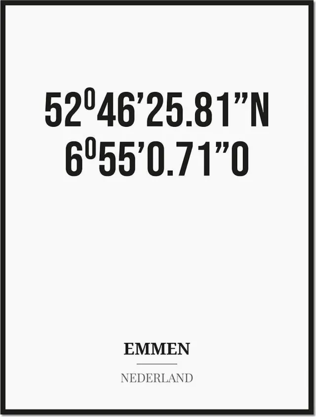 Studio216 Poster/kaart EMMEN met coördinaten zwart, wit