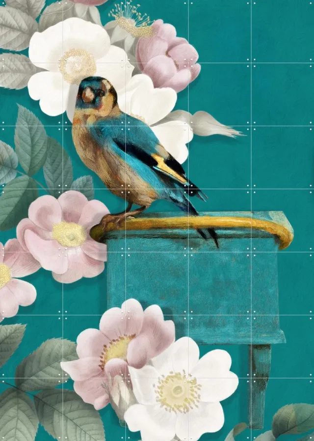 IXXI A Goldfinch On Teal, Marja van den Hurk - 100 x 140 cm - Grote wanddecoratie en posters - Naturalisme, Speels, Fantasierijk, Modern, Kleurrijk Groen / Wit / Blauw / Roze