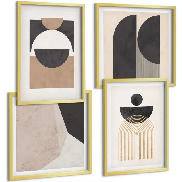 TULUP 4-Delige Schilderij Set - Abstracte vormen in beige en bruine tinten. - 40 x 40 cm en 40 x 60 cm - Decoratieve Muurdecoratie - Slaapkamer - Moderne Wanddecoratie Gouden lijst