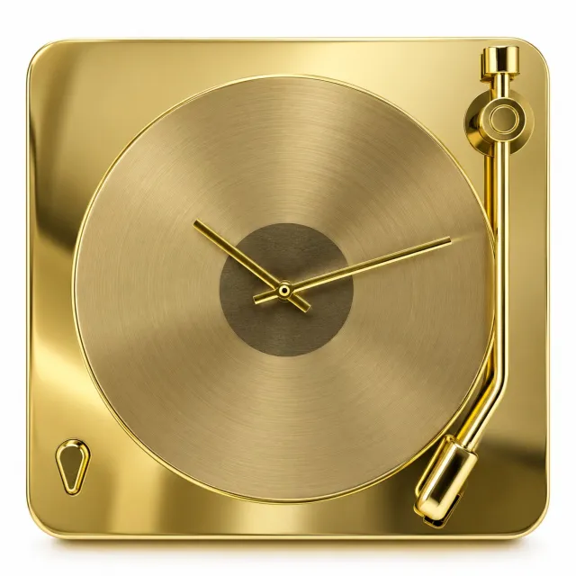 Benza Platenspeler Wandklok – Goud – 30 × 30 × 6 cm – Metaal – Retro Wanddecoratie – Cadeau voor Muziekliefhebbers Goudkleurig