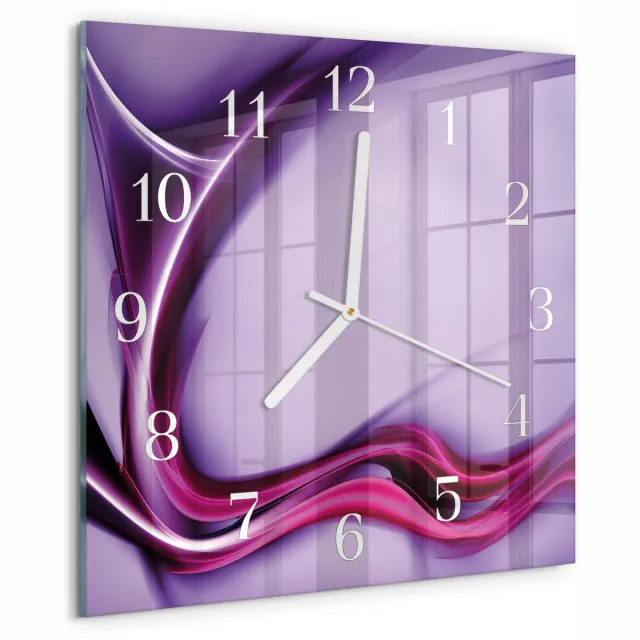 TULUP Wandklok - Abstractie Moderne Glazen Wandklok - 30x30 cm - Paars Wandklok Glas Met Motief - Witte Handen - Vierkante Wandklok - Wandklok Glas Met Motief - Decoratieve Glazen Klok Paars - Abstractie