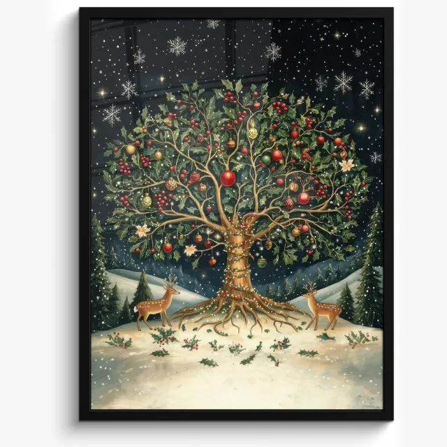 FrameYourWall Poster in lijst - Fotolijst 60x80 cm - Posters - Feestboom - Winterhemel - Kleurrijk - Posterlijst zwart - Decoratie - Wanddecoratie woonkamer - Muurdecoratie slaapkamer - Kerstversiering - Kerstdecoratie voor binnen - Kerstmis