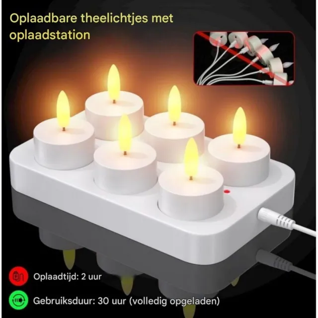 GelldG Oplaadbare LED-theelichtjes voor 6 personen - Inclusief oplaadstandaard met afstandsbediening - Oplaadbare LED-theelichtjes - Knipperend met timer - Geschikt voor feestjes, kamers en vakantiedecoraties - Eén set Warm
