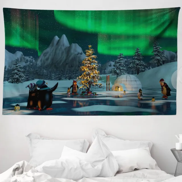 ABAKUHAUS Wandtapijt Noorderlicht, Pinguïns bij het Meer, 230 x 140 cm, Limegroengrijs Lichtgroengrijs