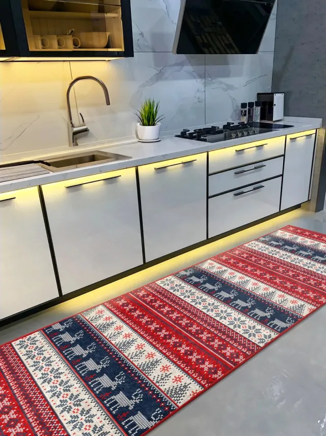 De Groen Home Vloerkleed 65x180cm - Kerst rendieren - Wasbaar Antislip - Laagpolig Zacht Tapijt- De Groen Home Rood