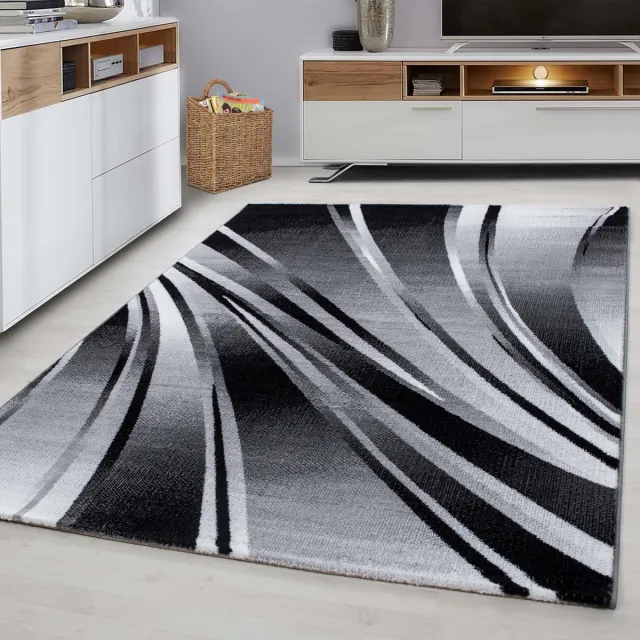flycarpets Laagpolig vloerkleed, abstract golfpatroon, zwart, woonkamerkleed, jute achterkant, afmeting: 120 cm x 170 cm