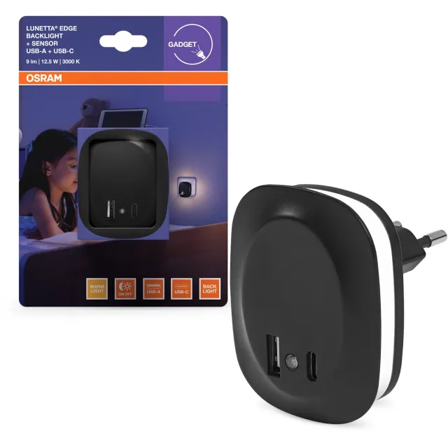 Osram LUNETTA EDGE stopcontact-nachtlampje, zwart, 0,35 W, 10 lm, warmwit licht, daglichtsensor, USB-A- & USB-C-aansluiting, LED-technologie, oplaadfunctie, lange levensduur, IP20, 3000 K