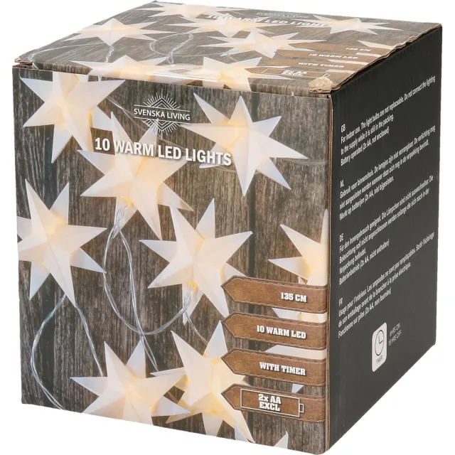 Svenska Living Kerstverlichting - lichtsnoer - 10x witte sterren - op batterijen - 135 cm - kerstverlichting