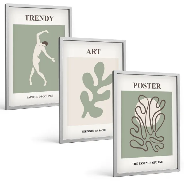 Coloray 3-Delige Schilderij Set - Abstracte Figuren En Plantmotieven In Ingetogen Kleuren. - 40 x 60 cm - Muurdecoratie - Wanddecoratie - Hal - Decoratieve Schilderijen Zilveren lijst